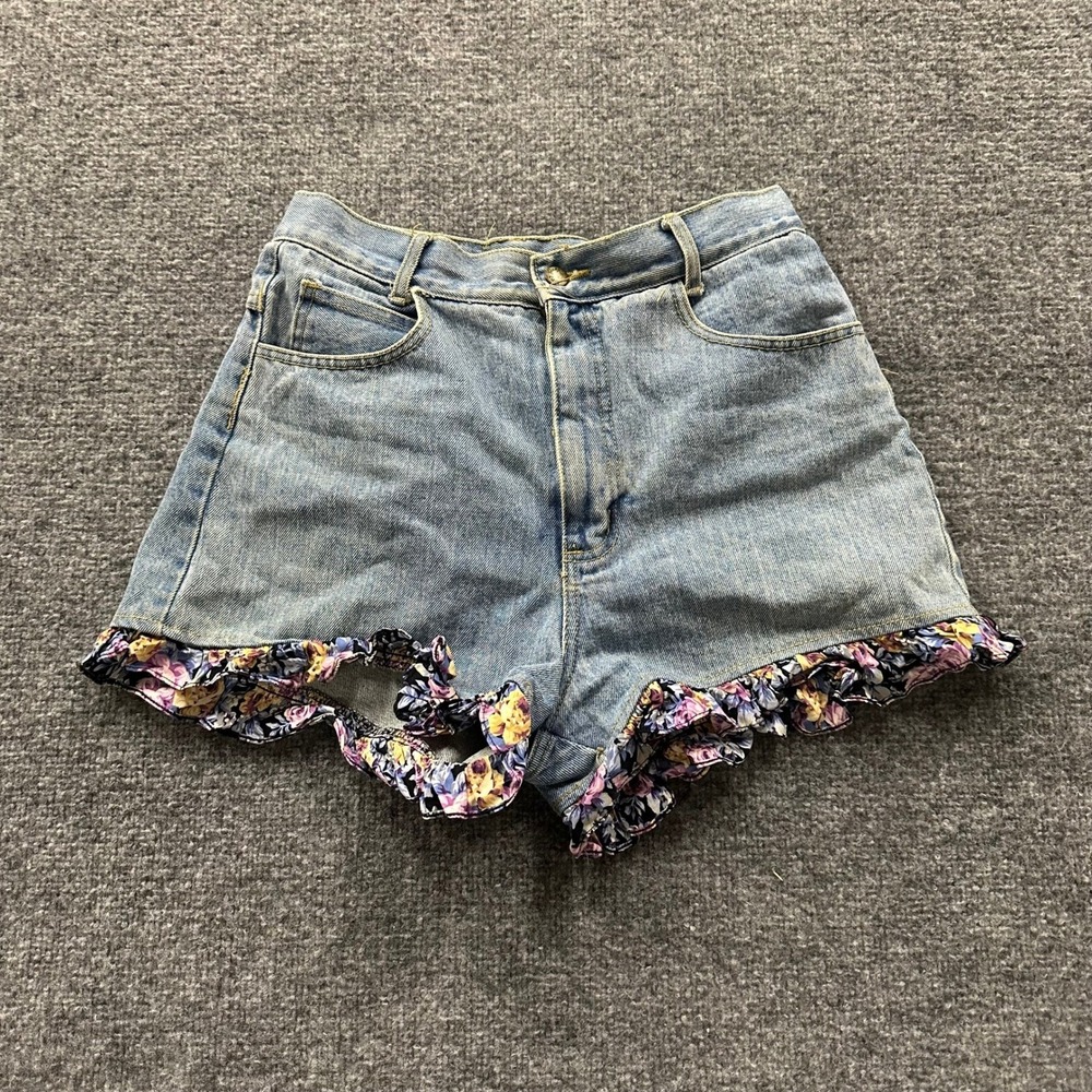 Paris Blues Shorts Womens Size 26 Blue Denim Floral Ruffle Trim High Waist